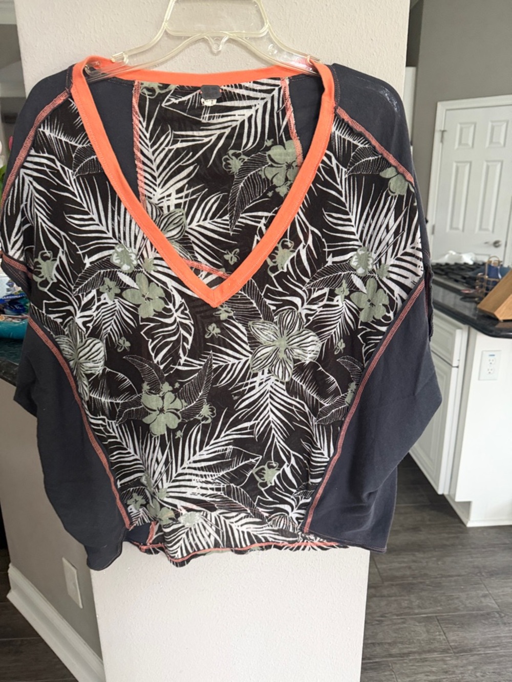 We the Free / Free People Tropical V-Neck Pullover Top in Black and Coral